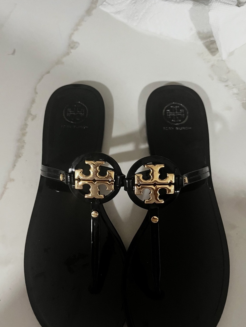 Tory Burch Black Patent Logo Thong Sandals with Gold Emblem